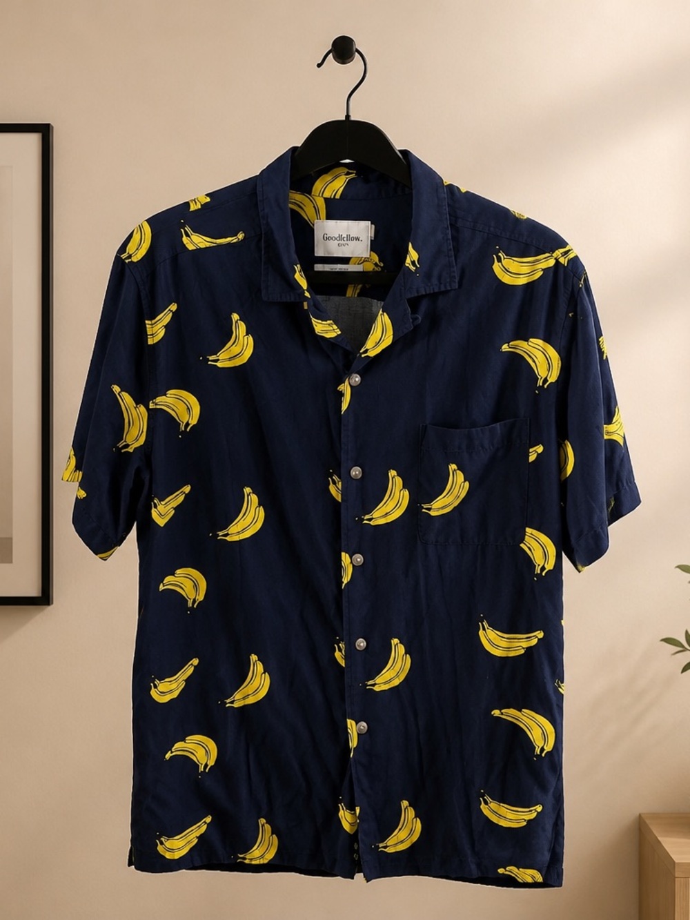 Goodfellow & Co Navy Short-Sleeve Shirt with Yellow Banana Print